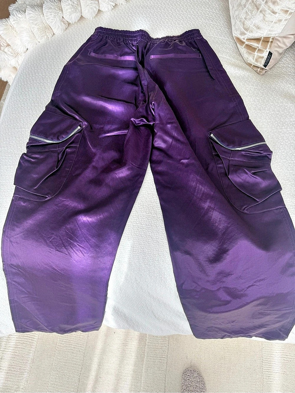 KENZO Purple Satin Wide Leg Cargo Pants Zip Pockets EU 36
